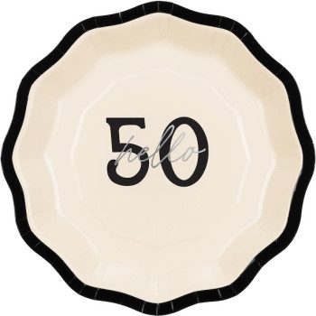 Hello 50 Papierteller creme, schwarz und silber – Dekoration 50 Jahre Jubiläum | BelleFete.ch