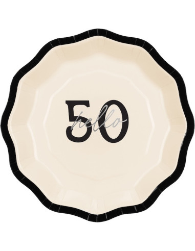 Piatti di carta Hello 50 crema, nero e argento – decorazione anniversario 50 anni | BelleFete.ch