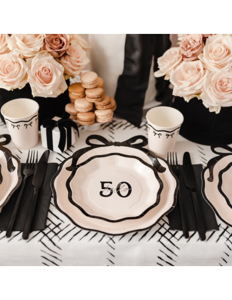 Assiettes Hello 50 | Assiettes anniversaire 50 ans Crème & Noir | BelleFete.ch