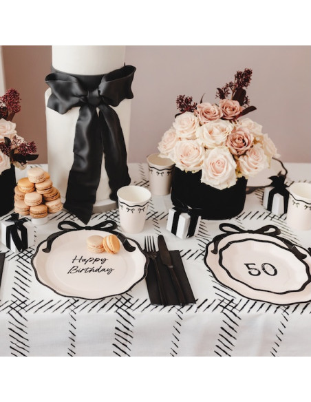 Assiettes Hello 50 | Assiettes anniversaire 50 ans Crème & Noir | BelleFete.ch