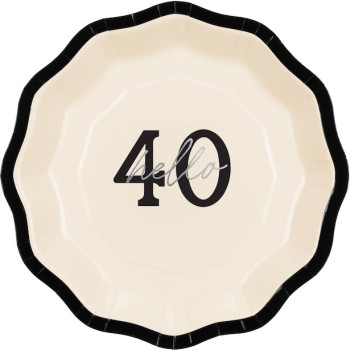 Hello 40 Papierteller creme, schwarz und silber – 40 jahre geburtstag schmuck | BelleFete.ch