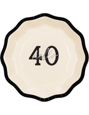 Assiettes en papier Hello 40 crème, noir et argent – décoration anniversaire 40 ans | BelleFete.ch