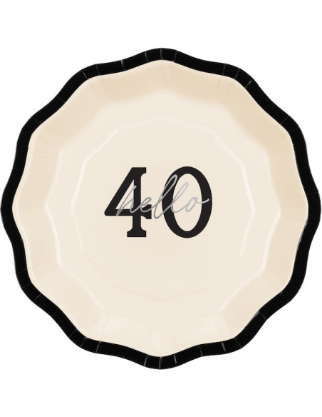 Piatti di carta Hello 40 crema, nero e argento – decorazione compleanno 40 anni | BelleFete.ch