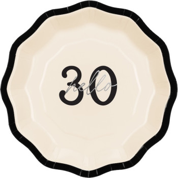 Assiettes en papier Hello 30 crème, noir et argent – décoration anniversaire 30 ans | BelleFete.ch