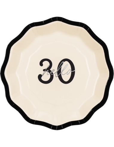 Assiettes en papier Hello 30 crème, noir et argent – décoration anniversaire 30 ans | BelleFete.ch
