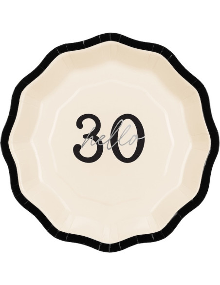Assiettes en papier Hello 30 crème, noir et argent – décoration anniversaire 30 ans | BelleFete.ch