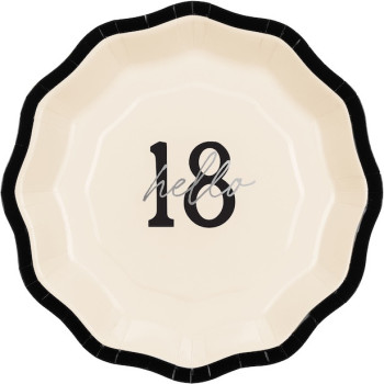 Assiettes en papier Hello 18 crème, noir et argent – décoration anniversaire 18 ans | BelleFete.ch