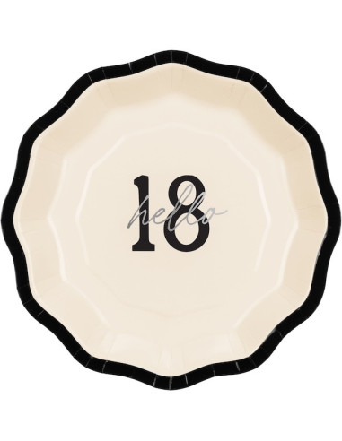 Piatti di carta Hello 18 crema, nero e argento – decorazione compleanno 18 anni | BelleFete.ch
