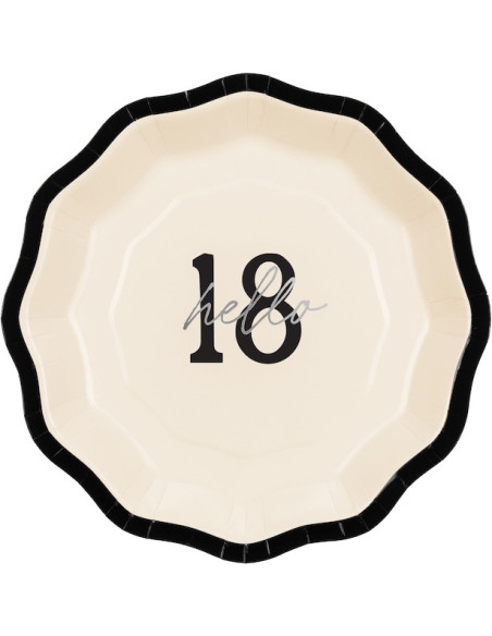Piatti di carta Hello 18 crema, nero e argento – decorazione compleanno 18 anni | BelleFete.ch
