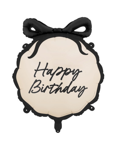 Ballon aluminium Happy Birthday crème et noir avec nœud – décoration anniversaire élégante | BelleFete.ch