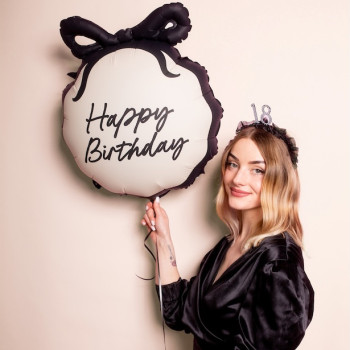 Ballon aluminium Happy Birthday crème et noir avec nœud – décoration anniversaire élégante | BelleFete.ch 2