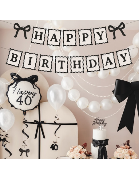 Banner Happy Birthday crema e nero con fiocchi – decorazione di compleanno elegante | BelleFete.ch