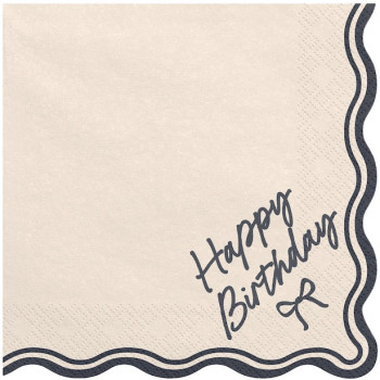 Serviettes en papier Happy Birthday Nœud beige et noir 33x33 cm pour décoration de table | BelleFete.ch