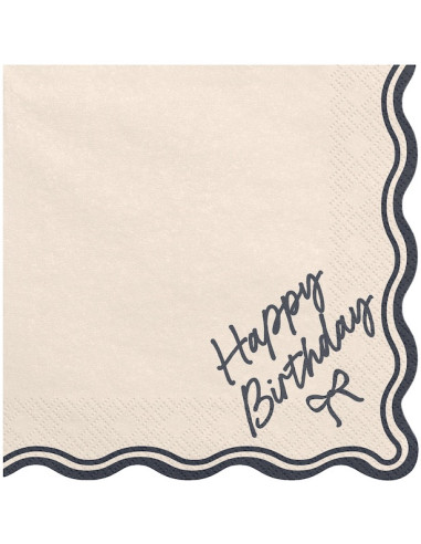 Serviettes en papier Happy Birthday Nœud beige et noir 33x33 cm pour décoration de table | BelleFete.ch