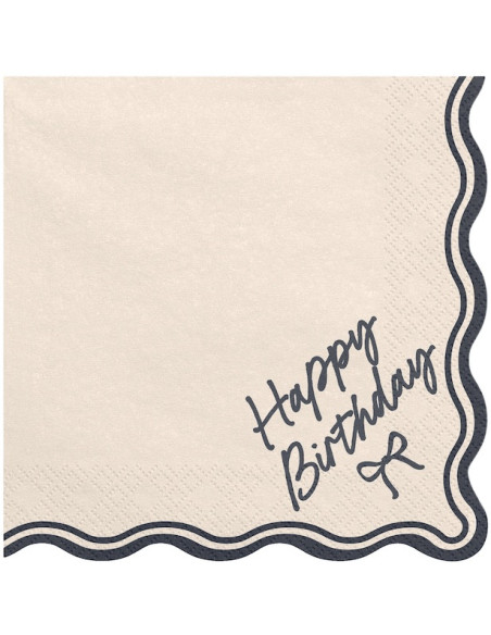 Serviettes en papier Happy Birthday Nœud beige et noir 33x33 cm pour décoration de table | BelleFete.ch