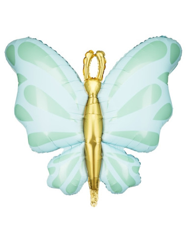Ballon en aluminium en forme de papillon couleur menthe et détails dorés pour fête | BelleFete.ch