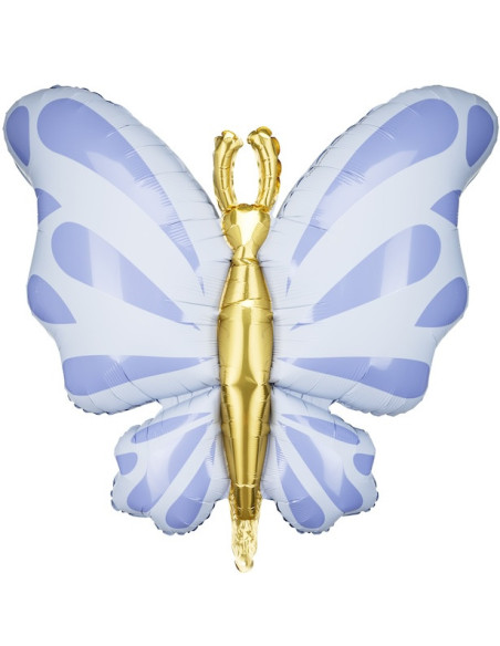 Ballon en aluminium en forme de papillon couleur bleu et détails dorés pour fête | BelleFete.ch