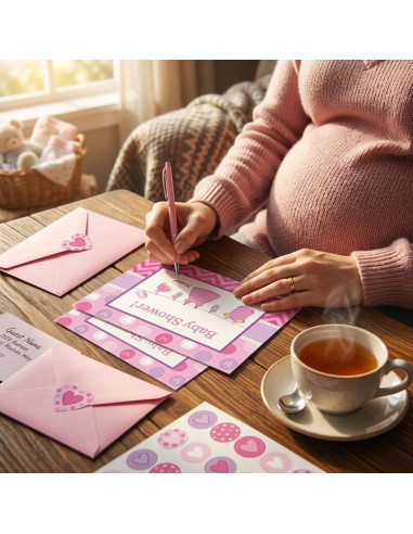Personne écrivant des invitations rose Baby Shower sur une table en bois, entourée d’enveloppes et décorations rose.