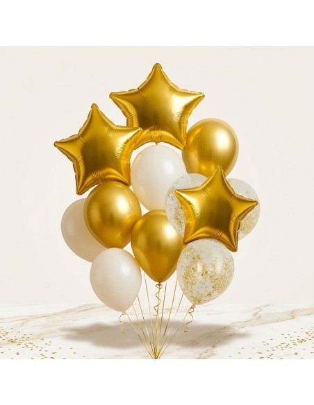 Goldener und weißer Ballonstrauß mit Sternen-Luftballons, weißen und goldenen Ballons – Festdekoration für BelleFete.ch