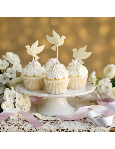 Cupcake-Dekorationen für Taufe & Kommunion:Weiße Cupcakes mit Rosetten-Zuckerblumen, Himsche Tauben-Dekorations-Toppers auf eine