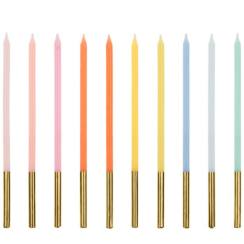 10 Regenbogen-Geburtstagskerzen mit goldenem Ende 14 cm