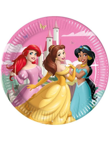 Paquet de 8 assiettes en carton éco Princesses Disney (Ariel, Belle, Jasmine) de 20 cm pour anniversaire