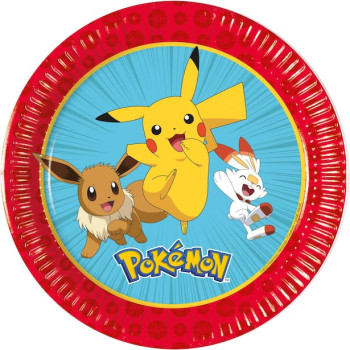 Paquet de 8 assiettes à dessert en carton Pokémon Évolution de 20 cm avec Pikachu, Évoli et Flambino
