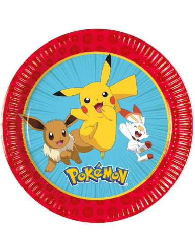 Paquet de 8 assiettes à dessert en carton Pokémon Évolution de 20 cm avec Pikachu, Évoli et Flambino