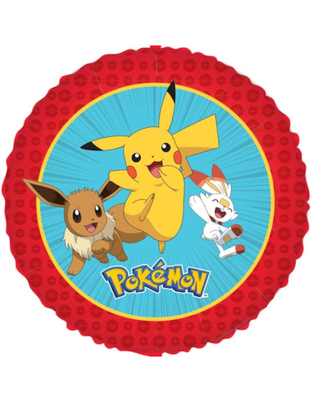 Ballon aluminium rond Pokémon Évolution 45 cm avec Pikachu, Évoli et Flambino