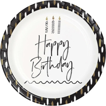 „Happy Birthday“-Partyteller, Schwarz & Gold (8 Stück)