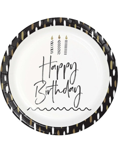 „Happy Birthday“-Partyteller, Schwarz & Gold (8 Stück)
