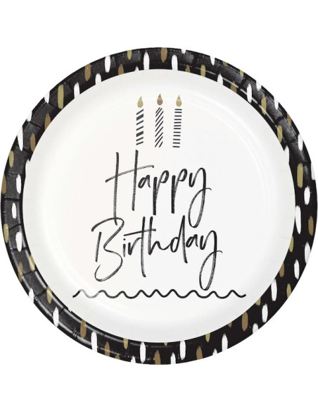 Lot de 8 assiettes en papier de 23 cm Noir et Doré Happy Birthday avec bougies