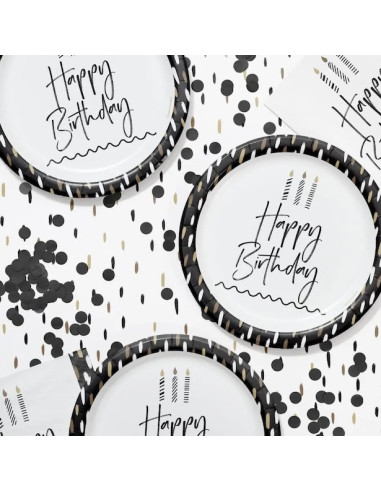 Piatti per feste "Buon compleanno", neri e oro (8 pezzi)