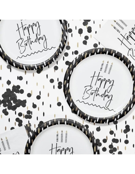 Piatti per feste "Buon compleanno", neri e oro (8 pezzi)