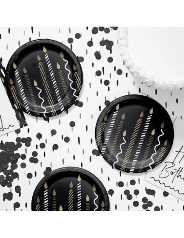 Assiettes à dessert "Happy Birthday" Noir & Doré (8 pcs)