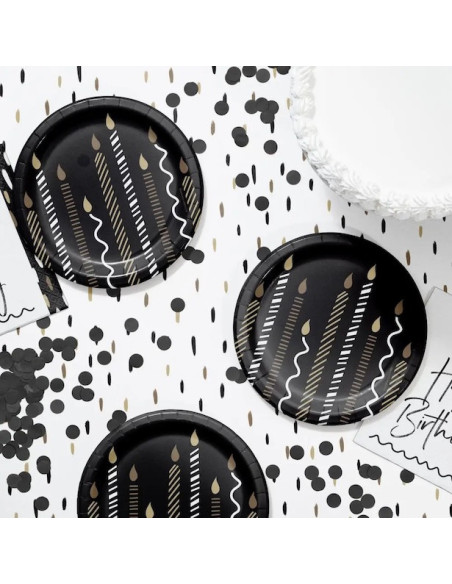 Dessertteller „Happy Birthday“, Schwarz & Gold (8 Stück)