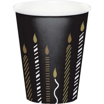 Lot de 8 gobelets en papier de 266 ml Noir et Doré avec des motifs de bougies[cite: 8]