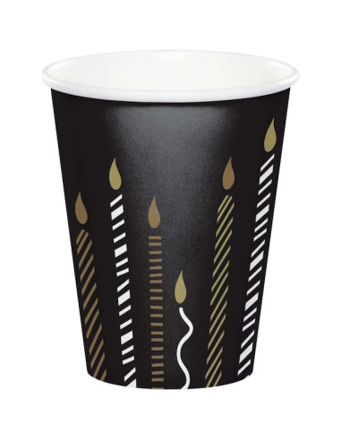 Lot de 8 gobelets en papier de 266 ml Noir et Doré avec des motifs de bougies[cite: 8]