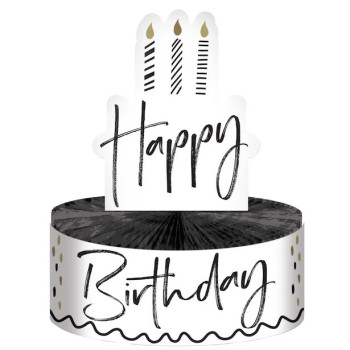 Centre de table en forme de gâteau Happy Birthday noir blanc et or