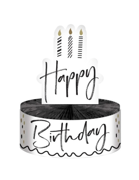 Centre de table en forme de gâteau Happy Birthday noir blanc et or