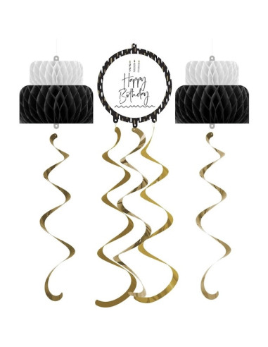Decorazioni pendenti "Buon Compleanno" in nero e oro (3 pezzi)