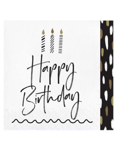 Serviettes Happy Birthday Noir & Doré (16 pcs)