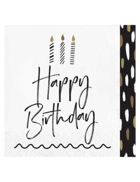 Serviettes Happy Birthday Noir & Doré (16 pcs)