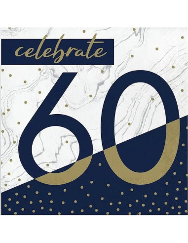 Paquet de 16 serviettes en papier bleu marine et dorées pour 60ème anniversaire de 33 x 33 cm