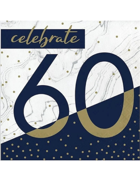 Paquet de 16 serviettes en papier bleu marine et dorées pour 60ème anniversaire de 33 x 33 cm