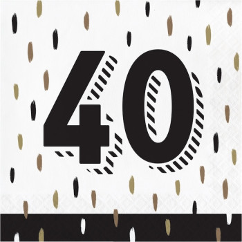 Paquet de 16 serviettes en papier jetables aux motifs noirs et dorés pour les 40 ans au format 33x33 cm