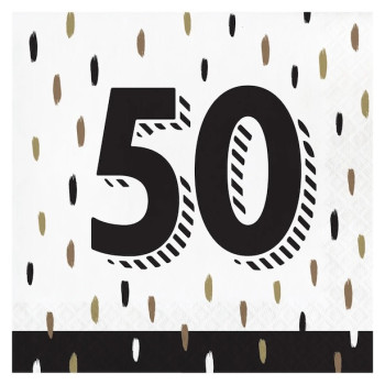 Sachet de 16 serviettes en papier jetables avec motifs noirs et dorés pour les 50 ans au format 33x33 cm
