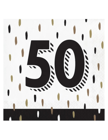 Sachet de 16 serviettes en papier jetables avec motifs noirs et dorés pour les 50 ans au format 33x33 cm
