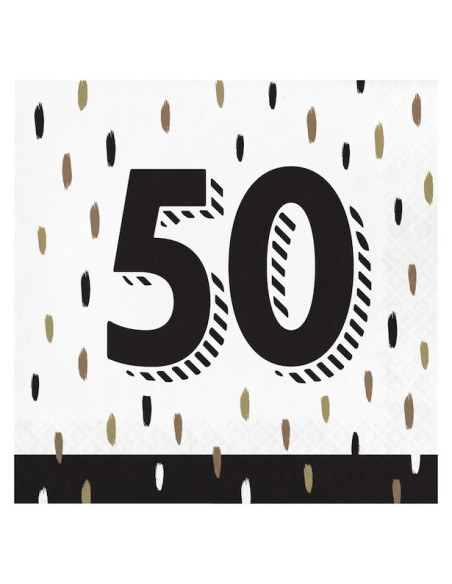 Sachet de 16 serviettes en papier jetables avec motifs noirs et dorés pour les 50 ans au format 33x33 cm