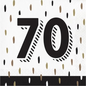 Lot de 16 serviettes en papier jetables avec motifs noirs et dorés pour les 70 ans au format 33x33 cm